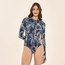 Carregar imagem no visualizador da galeria, Model Front: Uv Line One-Piece Swimsuit Macae Coconut Palms Navy Blue Upf50+
