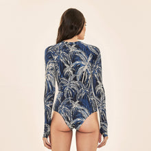 Carregar imagem no visualizador da galeria, Model Back: Uv Line One-Piece Swimsuit Macae Coconut Palms Navy Blue Upf50+
