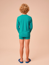 Carregar imagem no visualizador da galeria, Model Back: Uv Line Rash Guard Longsleeve Uvpro Kids Green Sea Upf50+
